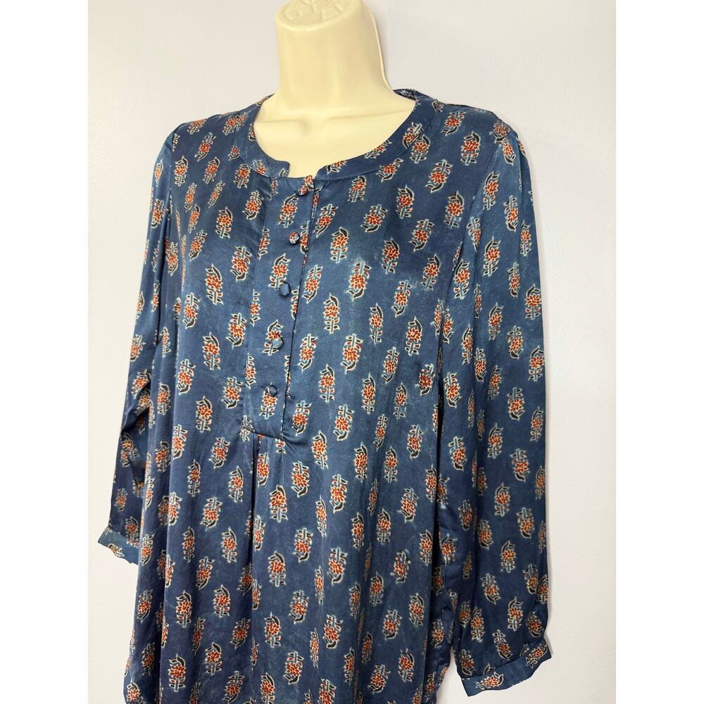 FOLKSONG Tunic Top Blue Floral Block Print Long Sleeve Boho Blouse Sz M - Picture 8 of 16